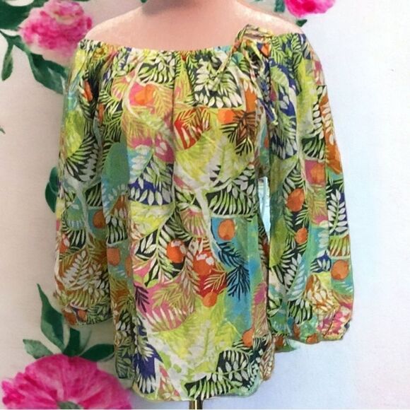 HESTER ORCHARD NWT LINEN BLEND TROPICAL WOMENS TOP BLOUSE BRIGHT OFF SHOULDER - Picture 4 of 12